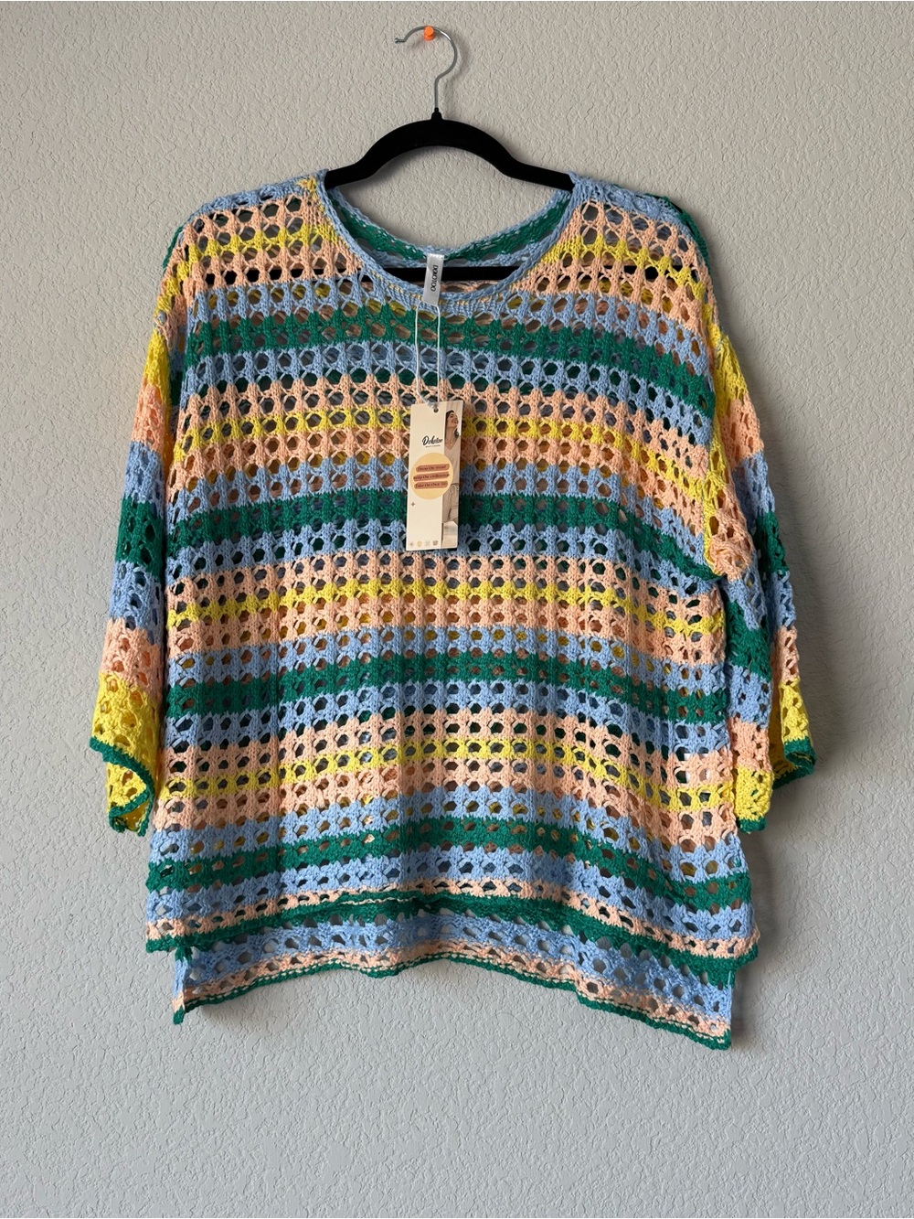 Dokotoo Crochet Openwork Striped Sweater Top in Pastel Mix